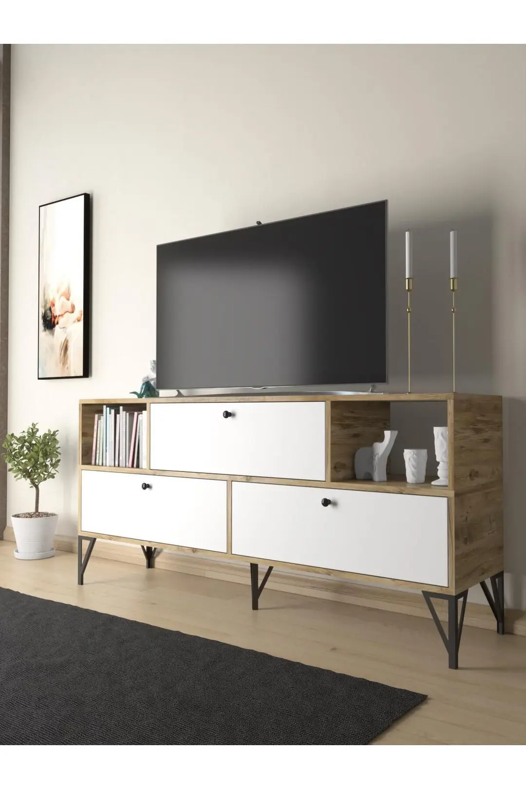 Mia 160 Cm Metal Ayaklı Tv Ünitesi - Konsol - Atlantik Çam - Beyaz / Siyah